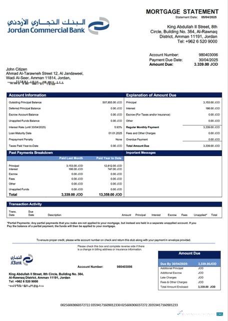 Download Jordan Commercial Bank mortgage statement Word and PDF template Photoshop template